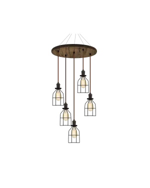 18" Round Wood Chandelier: Walnut, Black, and Black Round Cages