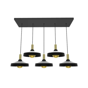 35" x 12" Metal Chandelier: 5 Pendant Modern Black and Brass with Large Industrial Shades