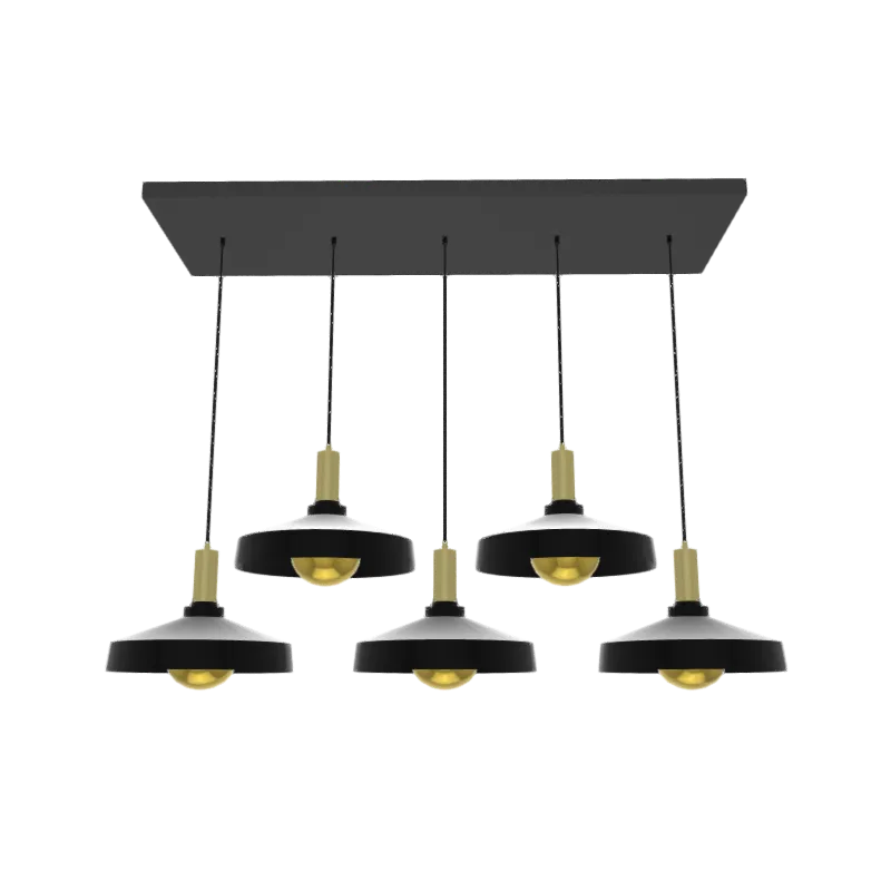 35" x 12" Metal Chandelier: 5 Pendant Modern Black and Brass with Large Industrial Shades