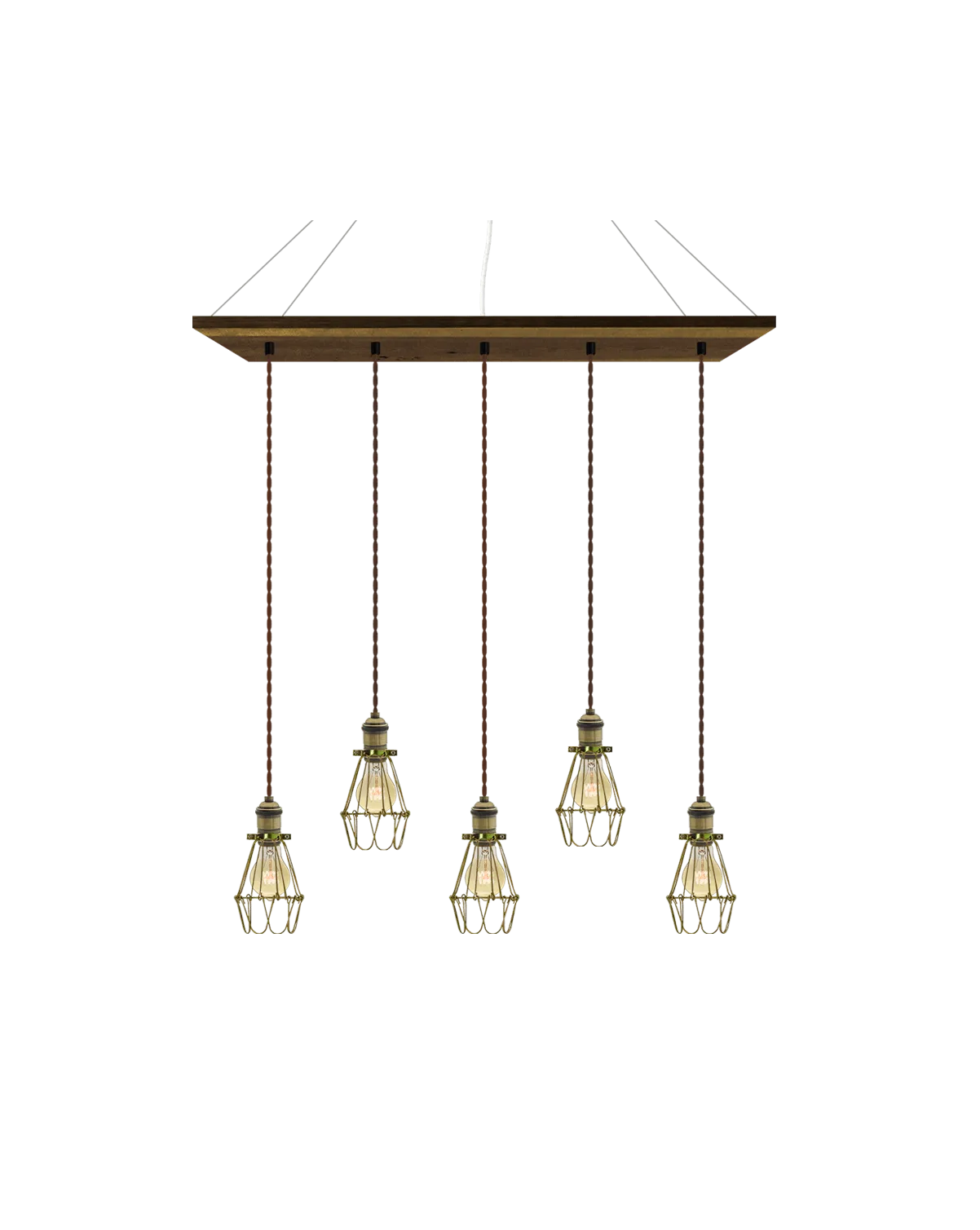 35" x 9" Wood Chandelier: Walnut, Brown, and Brass Cages