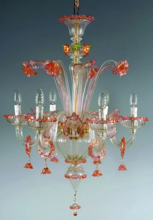 6 Arm Murano Chandelier With Gold, Pink & Green Flowers