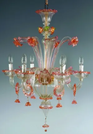6 Arm Murano Chandelier With Gold, Pink & Green Flowers