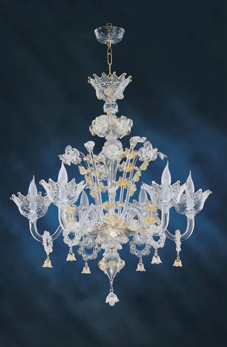 6 Light Clear Murano Chandelier With Gold Flowers
