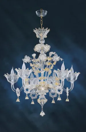 6 Light Clear Murano Chandelier With Gold Flowers