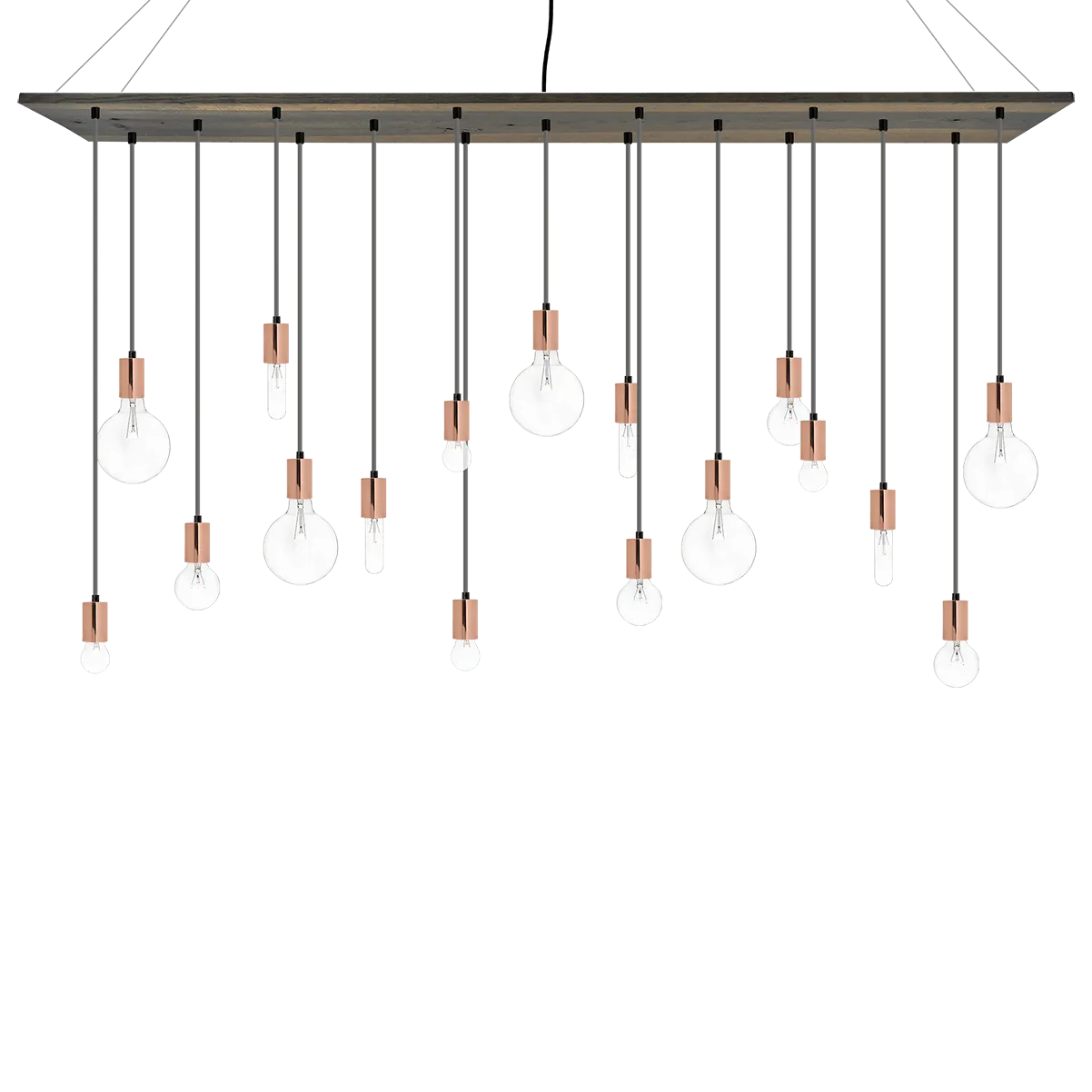 70"x12" Wood Chandelier: Grey, Copper, and Mixed Clear Bulbs