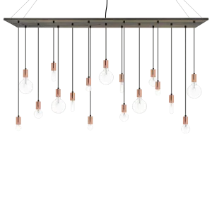 70"x12" Wood Chandelier: Grey, Copper, and Mixed Clear Bulbs
