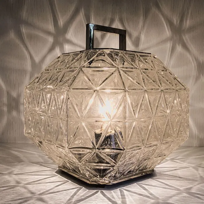 Beautiful High End Engraved Italian Crystal Table Lantern With Silver Nickel Metal