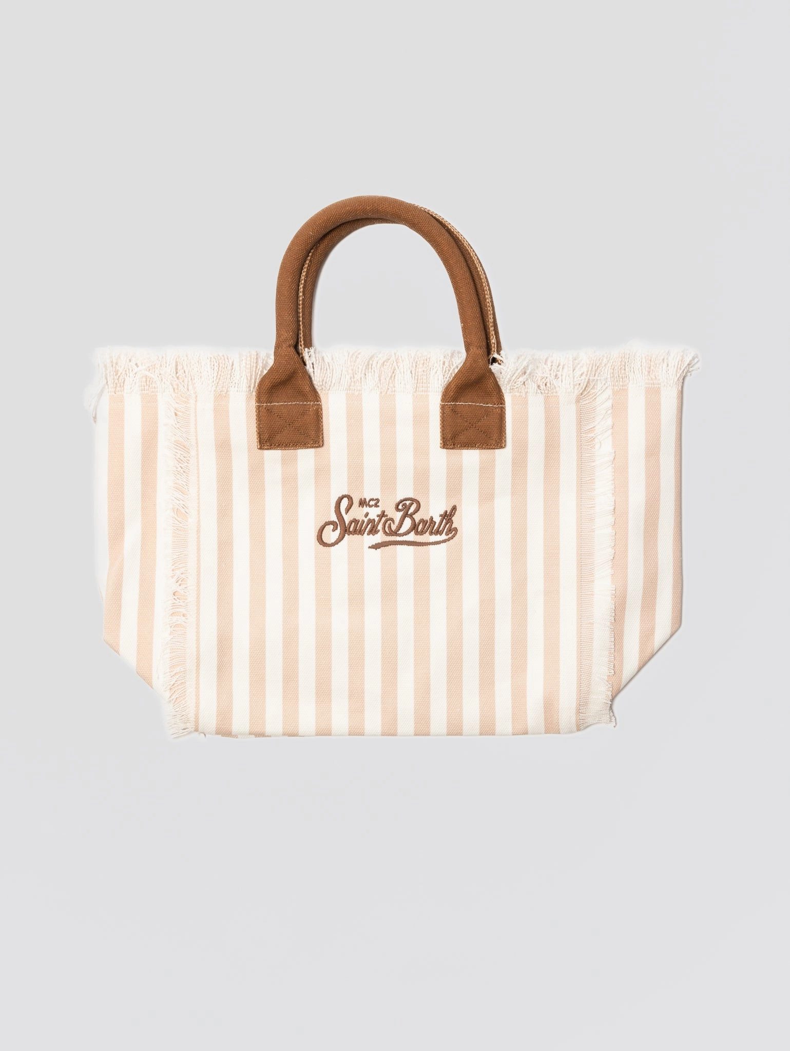 Borsa Tote in Cotone a Righe con Frange Beige/Cuoio