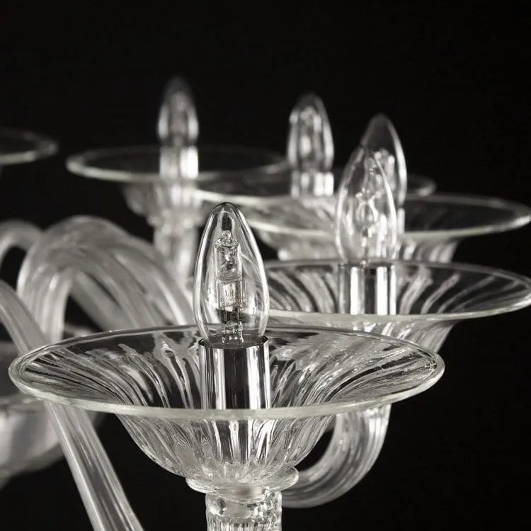Clear 12 Light Sleek Murano Glass Chandelier