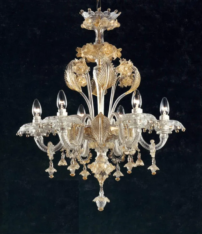 Clear Murano Glass 6 Light Chandelier With Golden Flowers