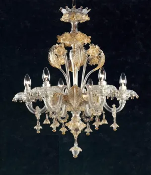 Clear Murano Glass 6 Light Chandelier With Golden Flowers