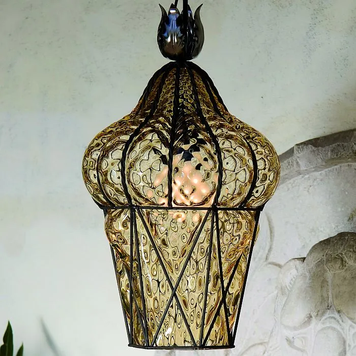 Clear Or Ambermurano Glass Ceiling Lantern With Balloton Finish