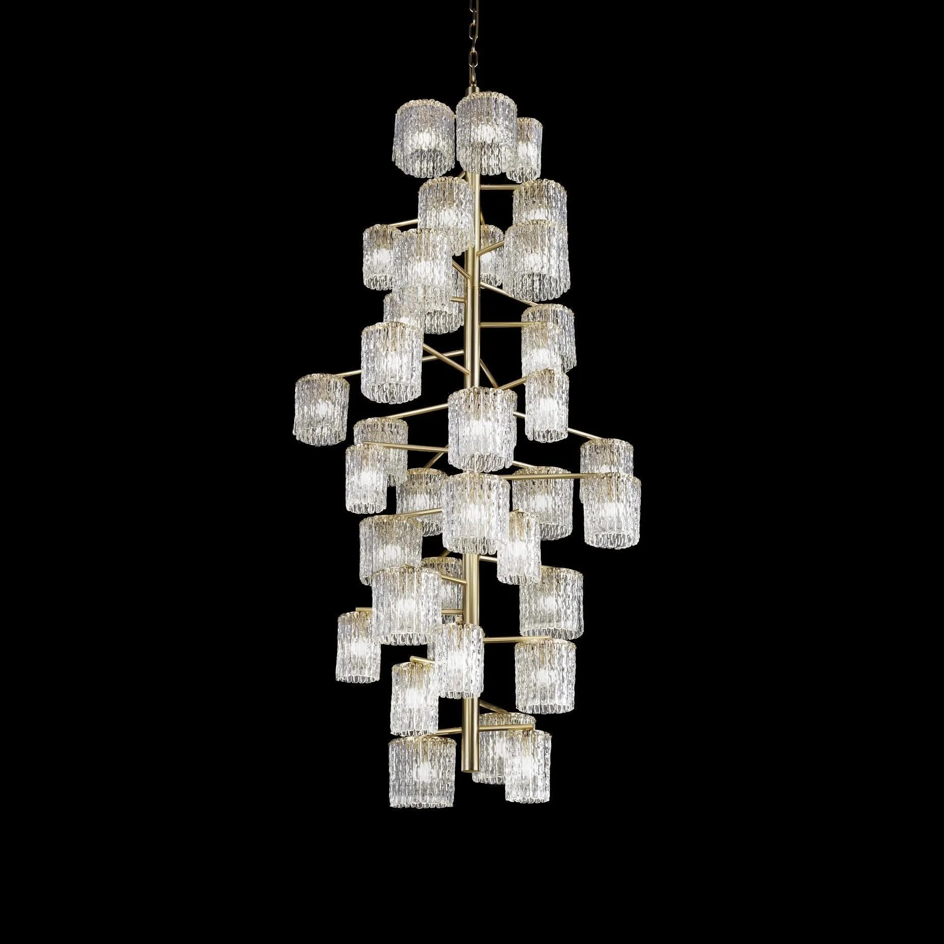 Clear Textured Glass Atom Chandelier With Brass Frame | Modern Stairwell Chandelier