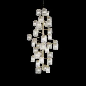Clear Textured Glass Atom Chandelier With Brass Frame | Modern Stairwell Chandelier