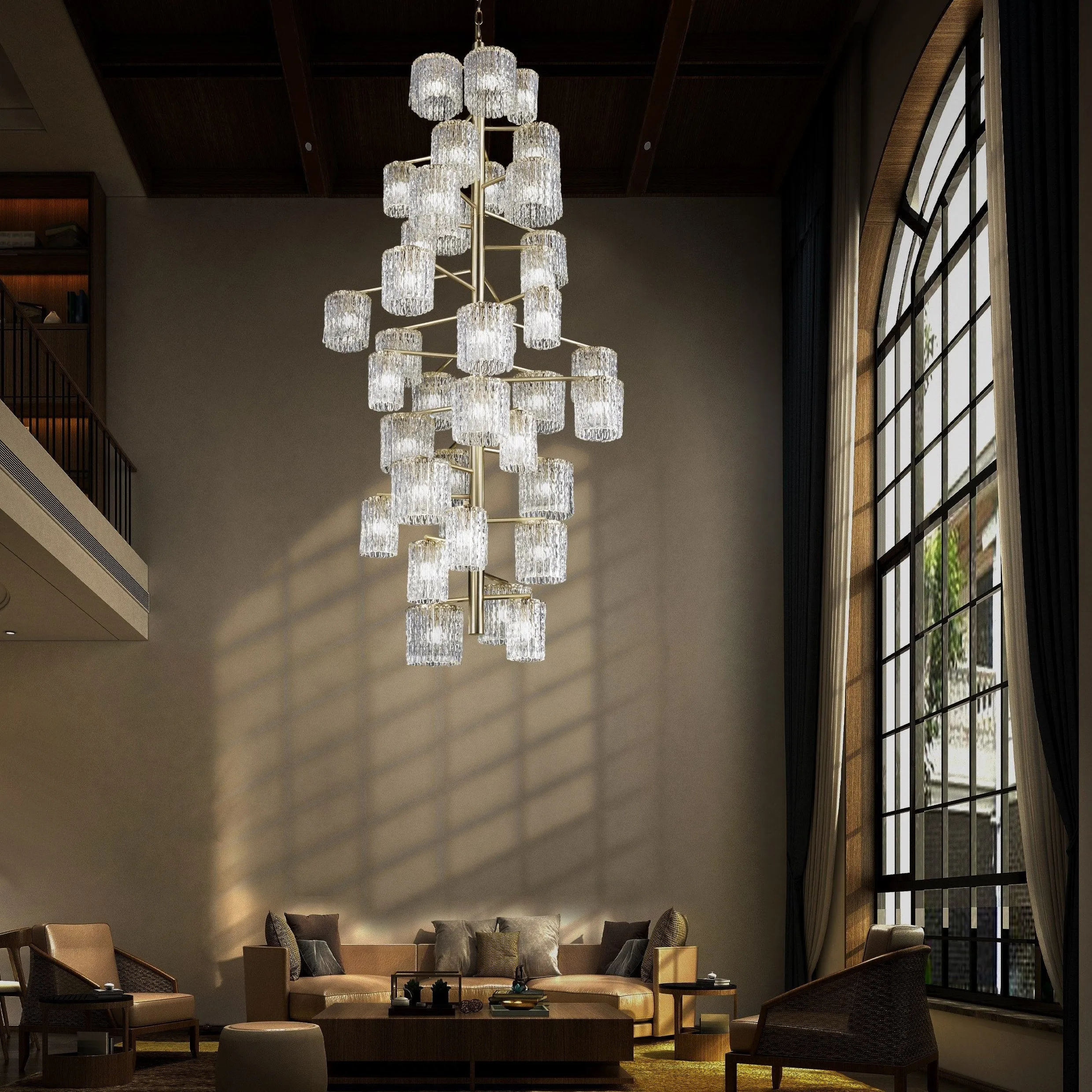 Clear Textured Glass Atom Chandelier With Brass Frame | Modern Stairwell Chandelier