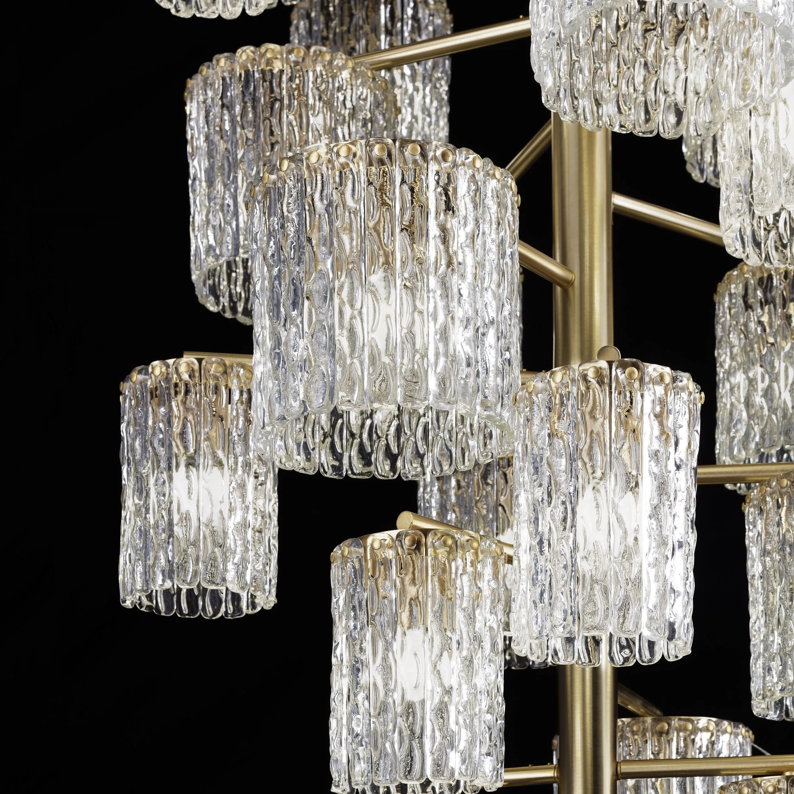 Clear Textured Glass Atom Chandelier With Brass Frame | Modern Stairwell Chandelier