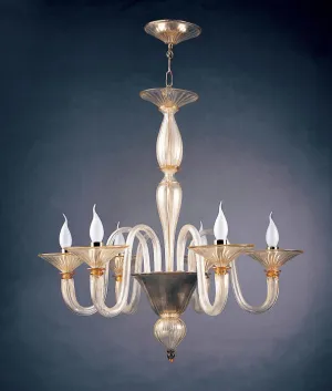 Elegant Clear And Gold Murano Glass Chandelier With 6 Lights