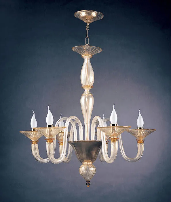 Elegant Clear And Gold Murano Glass Chandelier With 6 Lights