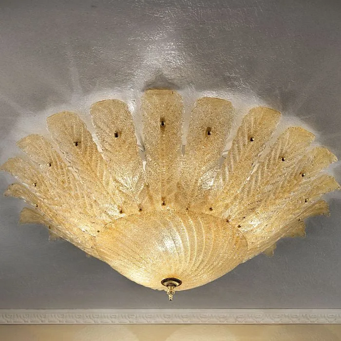 Flush Mount Amber Murano glass leaf chadelier |  Mid Century