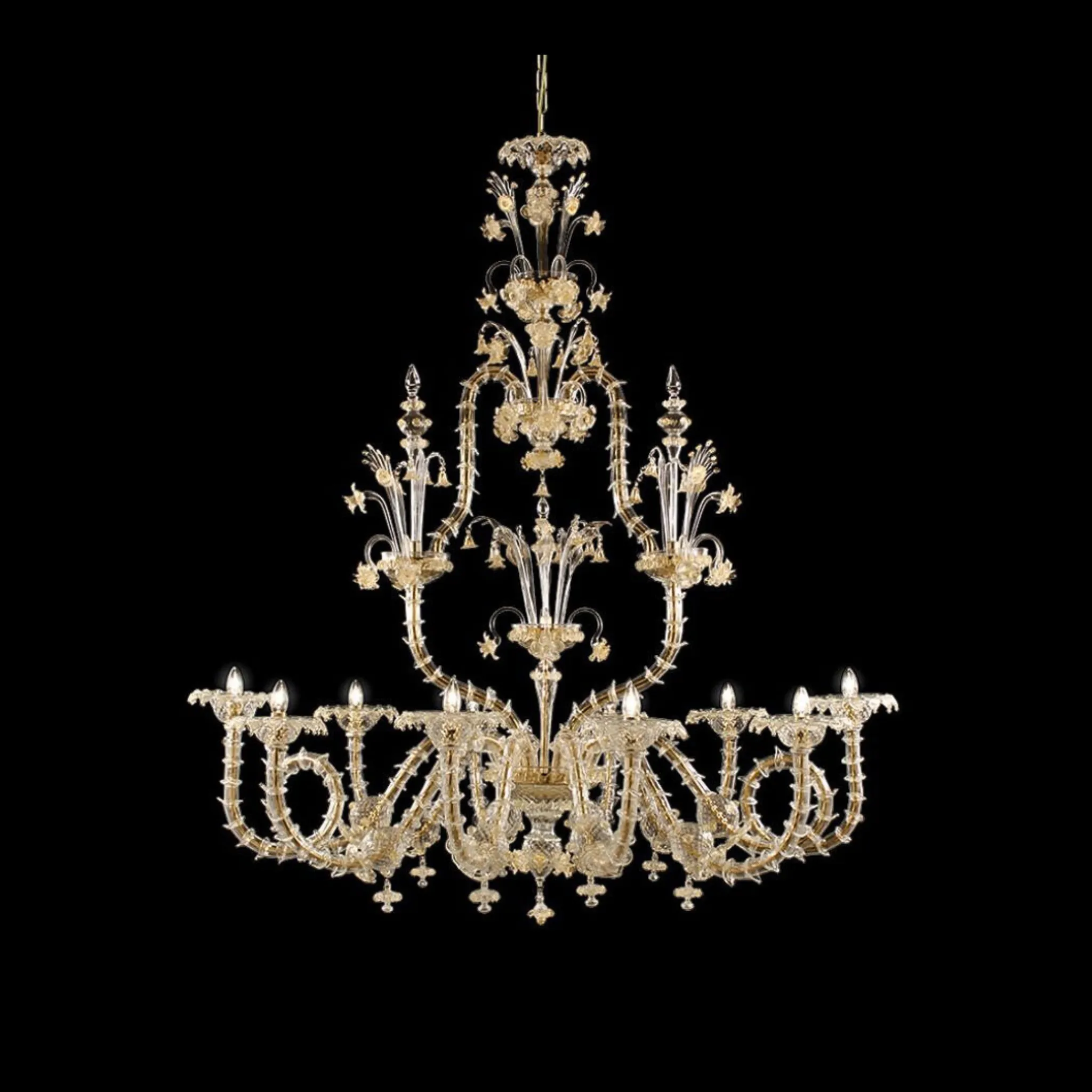 Gold & Clear Murano Glass Rezzonico Chandelier - 10 Arms