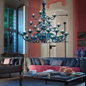 Handcrafted Luxurious Three-Tier Venetian Chandelier Lamp With Twenty-Eight Shades And Murano Glass