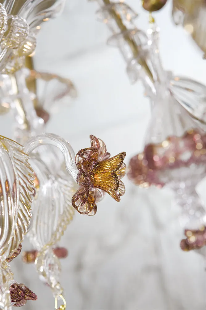 Handcrafted Ornamental Antique Fine Italian Chandelier With Eight Lights And Murano Glass