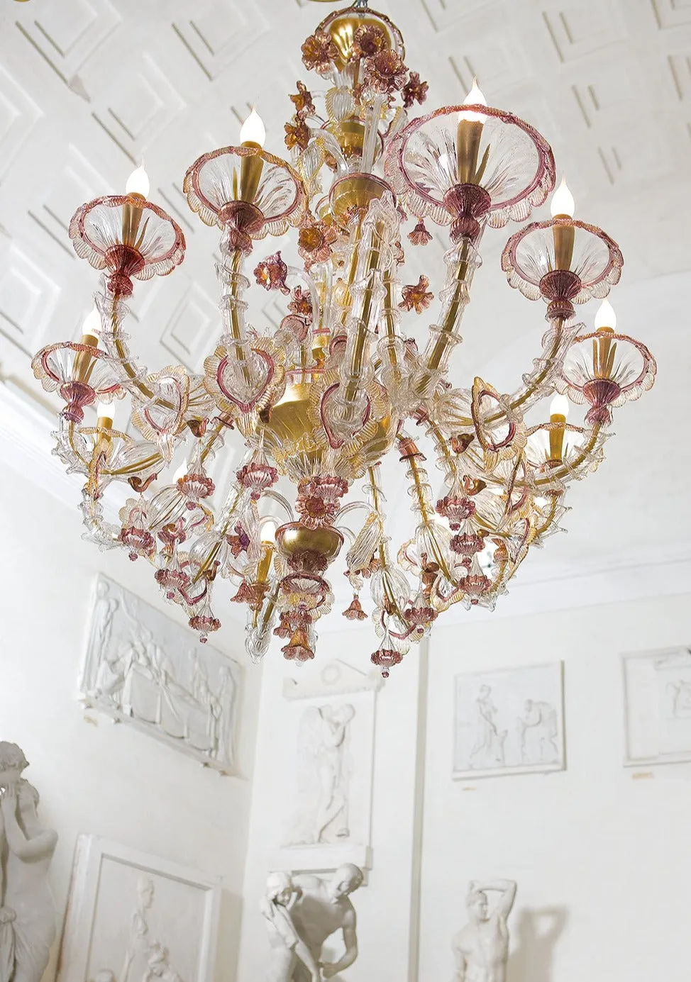 Handcrafted Ornamental Antique Fine Italian Chandelier With Twelve Lights And Murano Glass