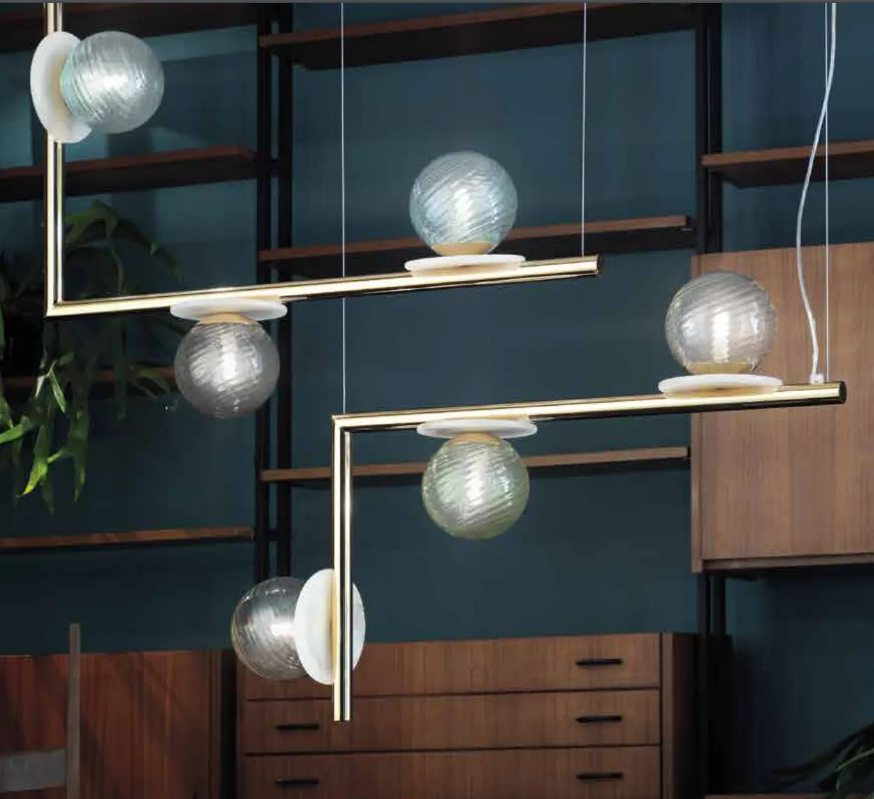 Modern Geometric Alabaster Disc Chandelier With Murano Glass Spheres - Double