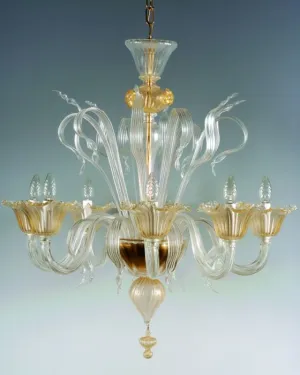 Murano 6 Arm Clear Glass Chandelier With Golden Details