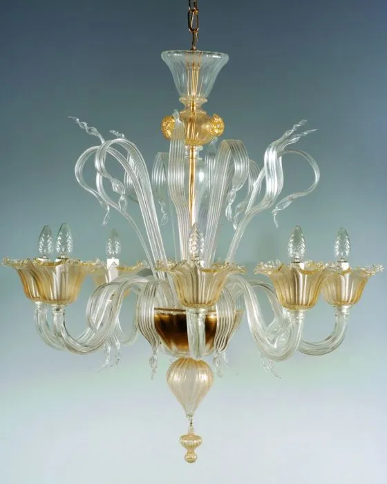 Murano 6 Arm Clear Glass Chandelier With Golden Details