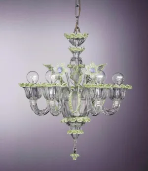 Murano  Crystal Chandelier With Green And Blue Flowers