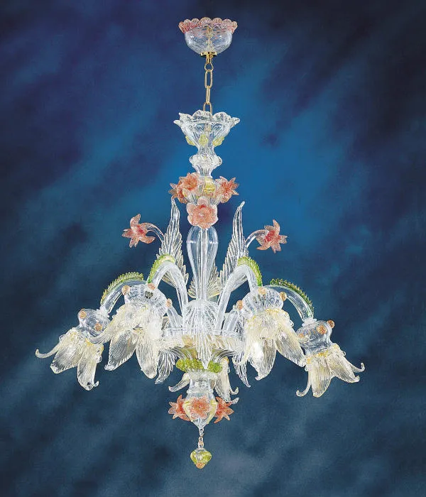 Murano Glass Chandelier With Green And Pink Flowers