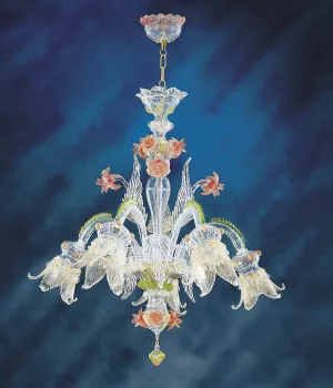 Murano Glass Chandelier With Green And Pink Flowers