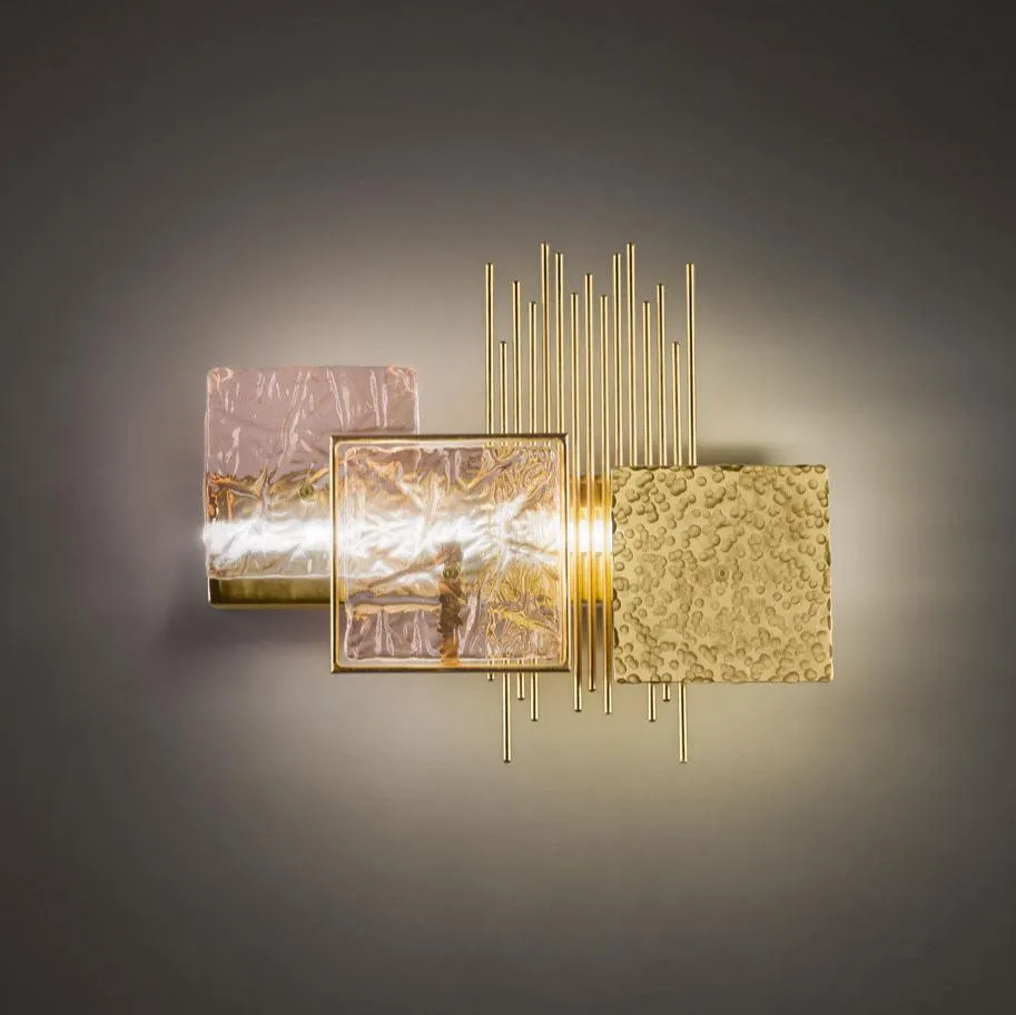 Pink Glass & Brass Panel Modern Wall Lamp