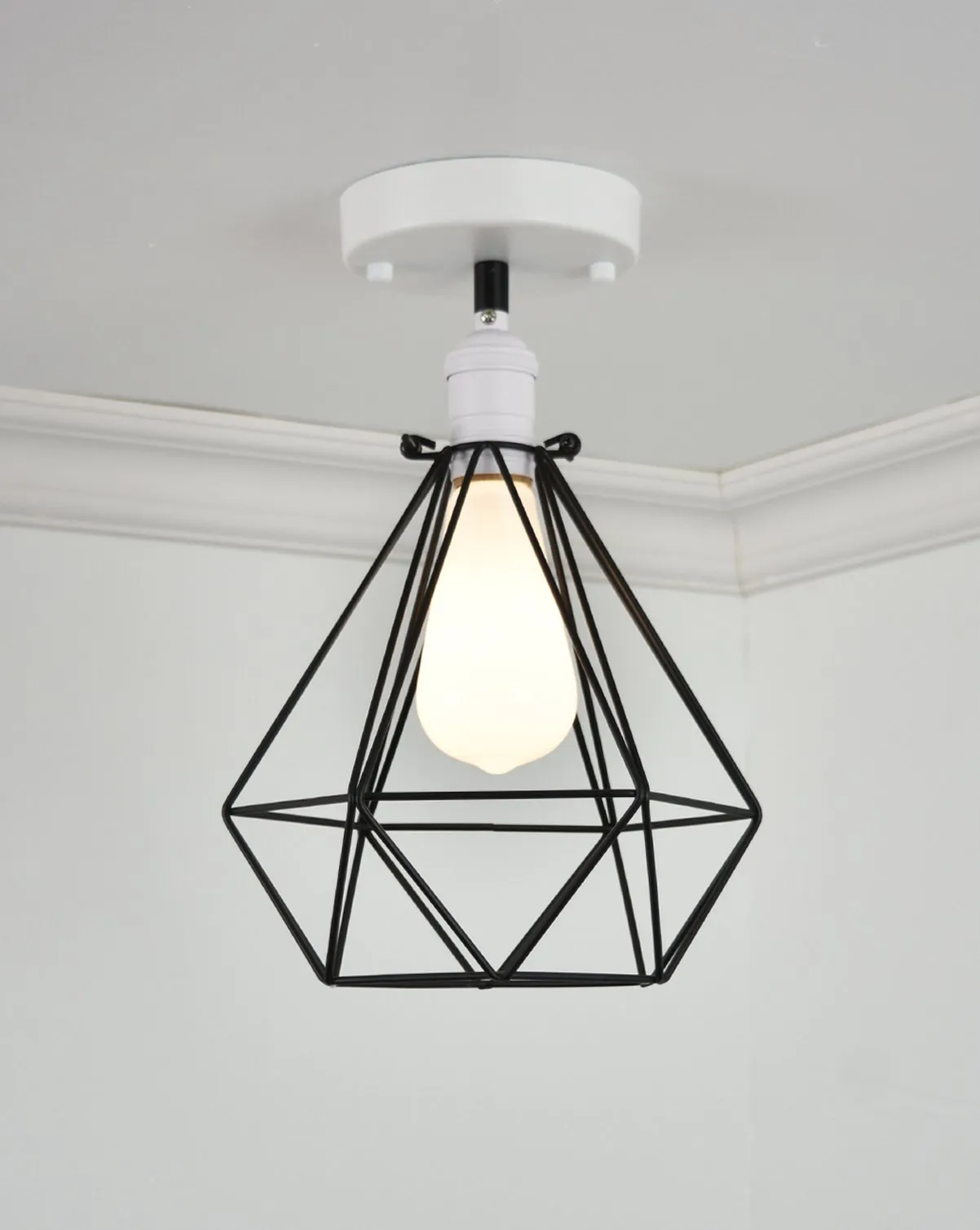 Semi Flush Mount: White with Black Diamond Cage