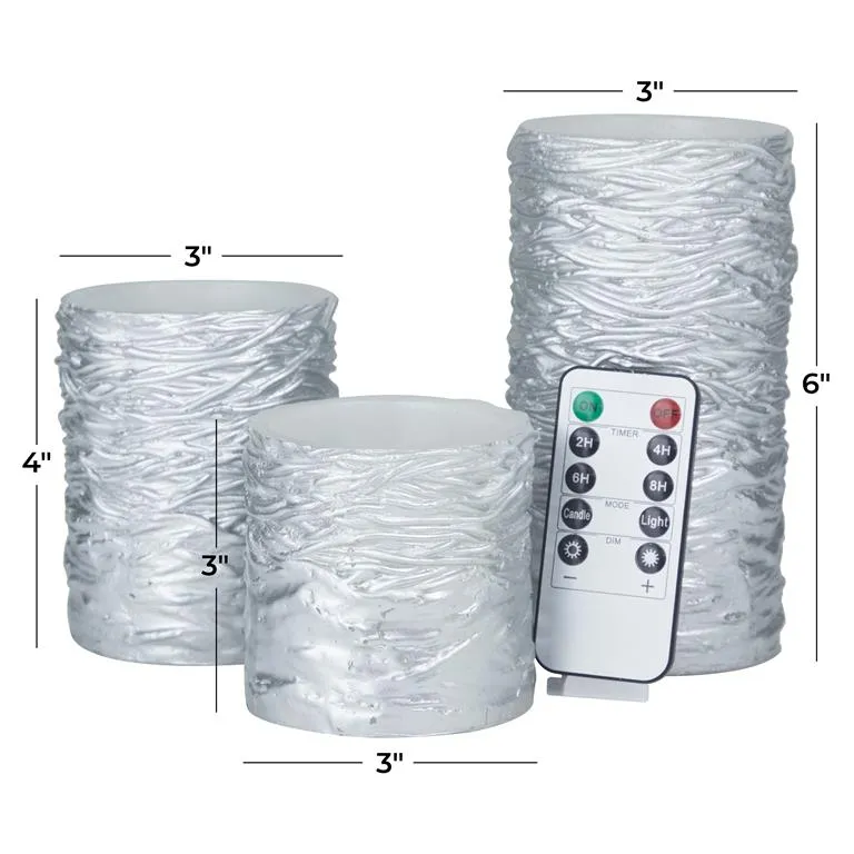 SILVER WAX TEXTURED FLAMELESS CANDLE WITH REMOTE CONTROL,