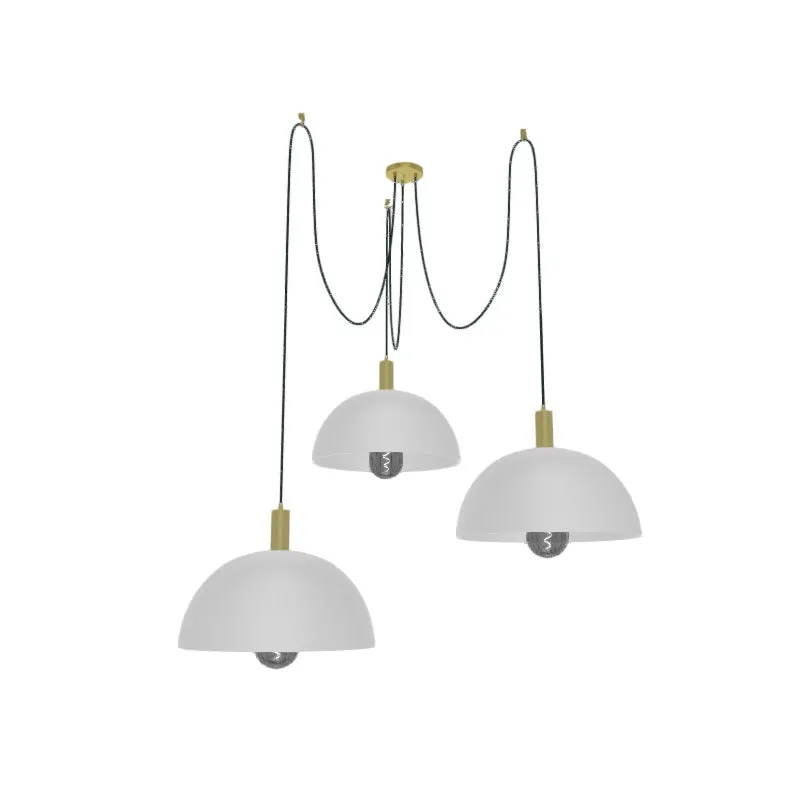 Swag Chandelier: 3 White Dome Shade Pendants with Oversized Smoked Light Bulb