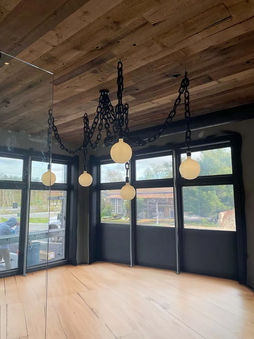Swag Chandelier: Large Black Chain with Oversized White Globe Bulbs