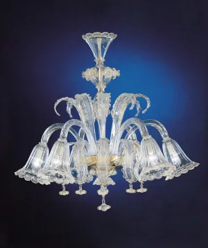 Venetian Clear Glass Chandelier With Flowers & 6 'Bell' Shades