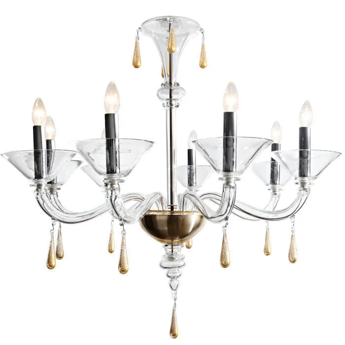 Venini Clear Murano Glass Chandelier With Gold Decoration