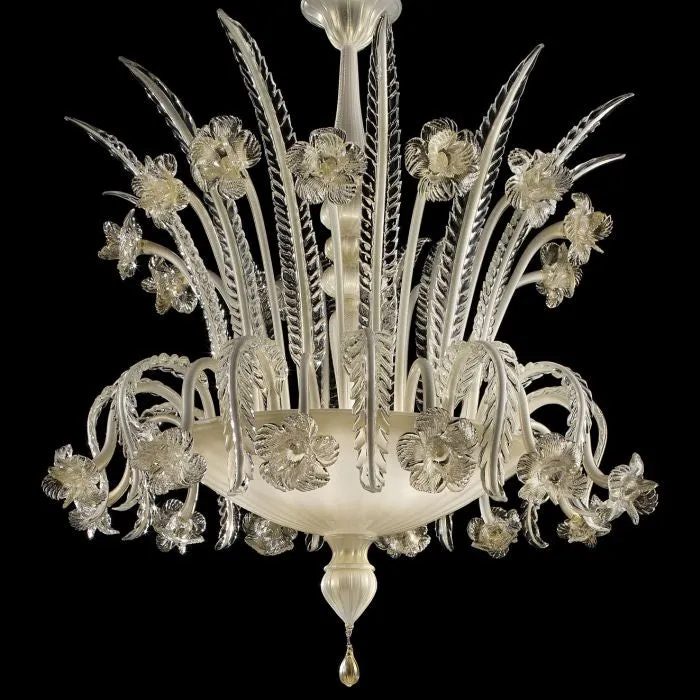 White, Clear & Gold Murano Glass Art Deco Style Chandelier