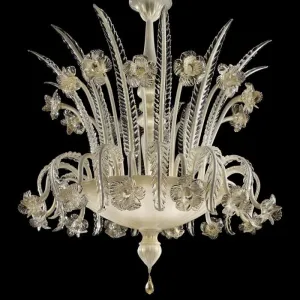 White, Clear & Gold Murano Glass Art Deco Style Chandelier