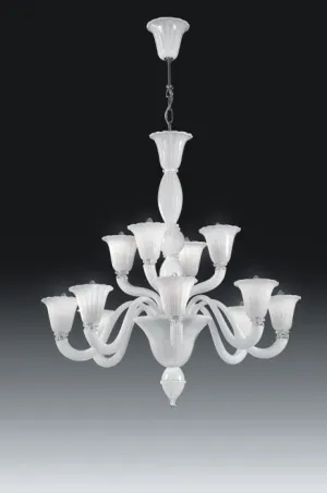White Handblown Italian Glass 12 Light Chandelier